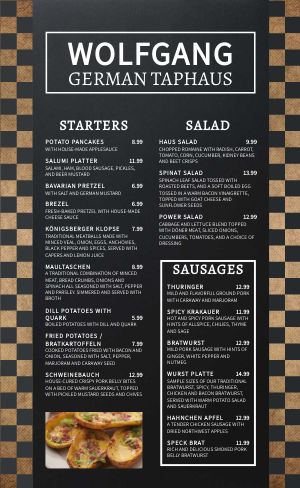 Speisekarte des Bistro Johannes mit Vorspeisen, Salaten und Hauptgerichten
